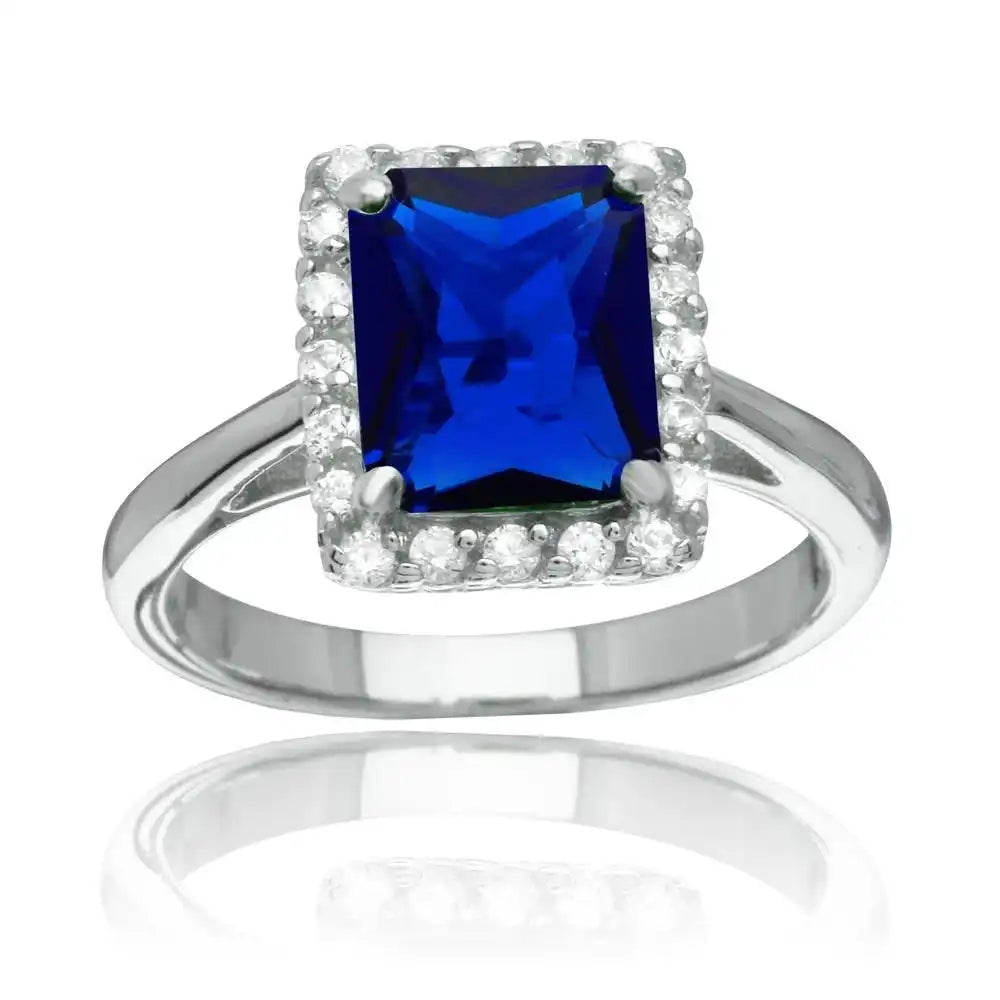 925 Sterling Silver Rhodium Plated Square Blue CZ Halo Ring