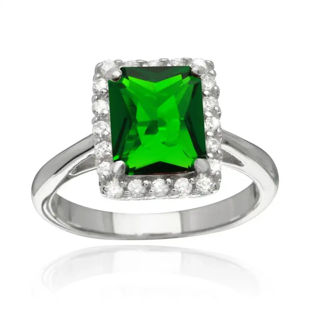 925 Sterling Silver Rhodium Plated Square Green CZ Halo Ring