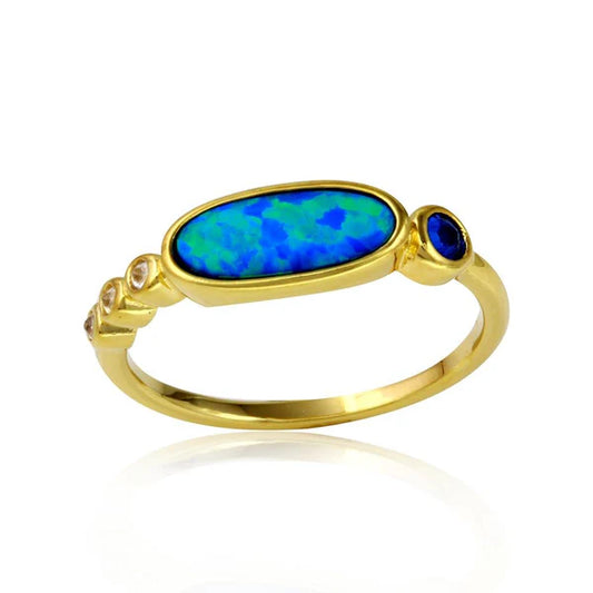 925 Sterling Silver Gold Plated Blue Opal Ring with Blue and Clear Round CZ