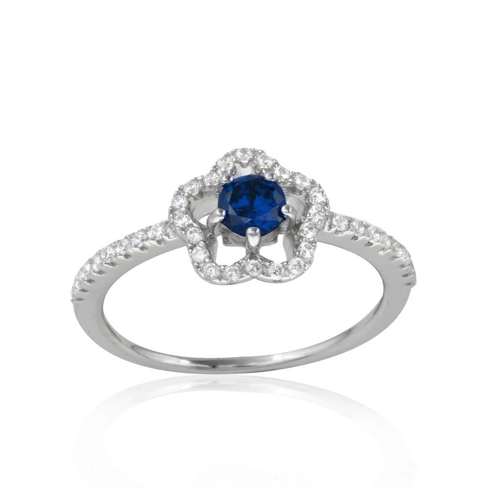 925 Sterling Silver Rhodium Plated Clover Micropave Ring with Blue Center CZ and Clear Round CZ