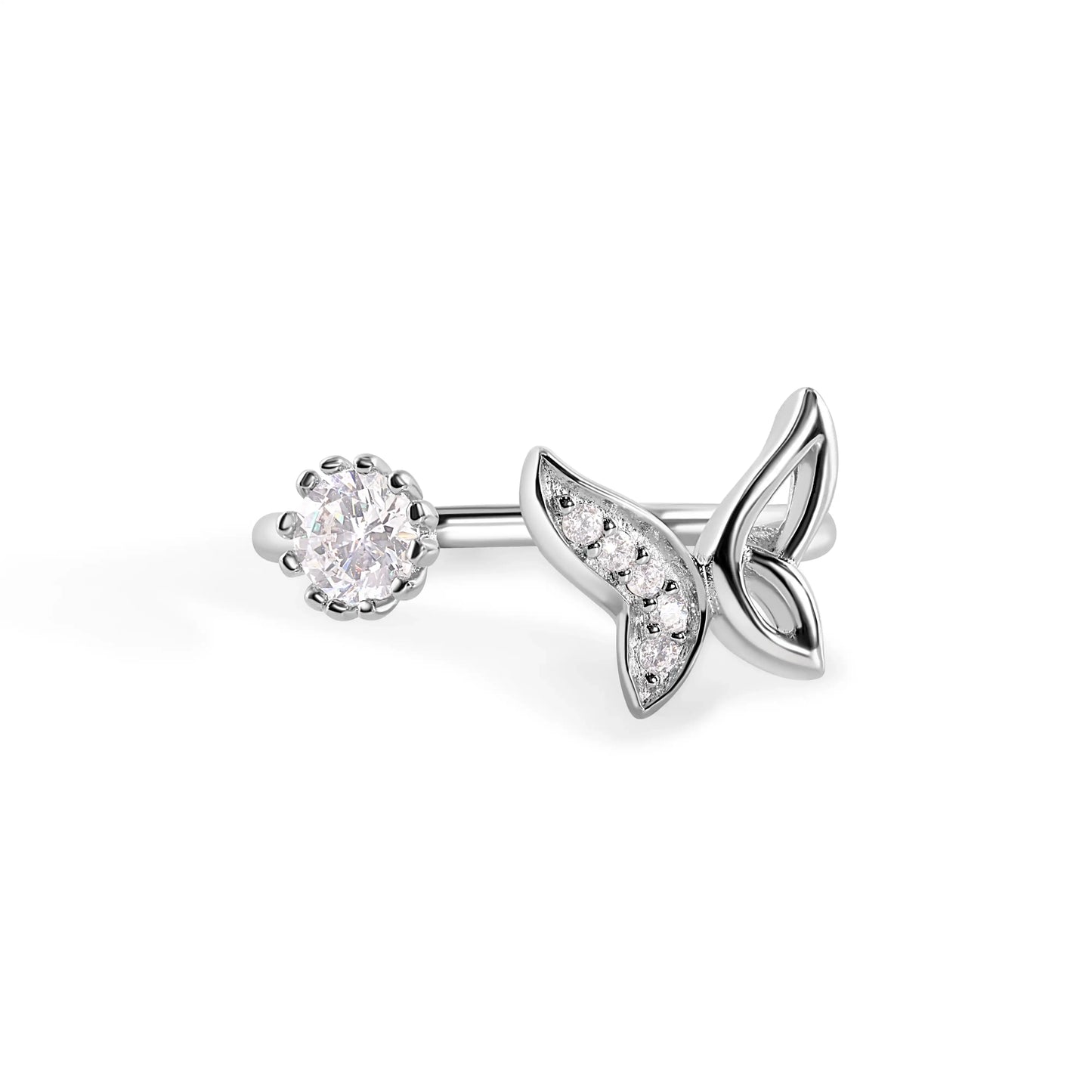 925 Sterling Silver Rhodium Plated Butterfly and Flower Clear CZ 1.3mm Open Ended Ring