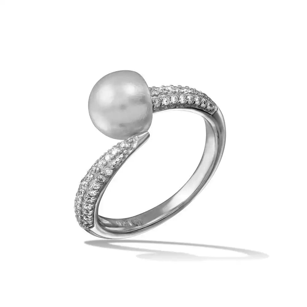 925 Sterling Silver Rhodium Plated CZ Fresh Water Pearl Center Ring