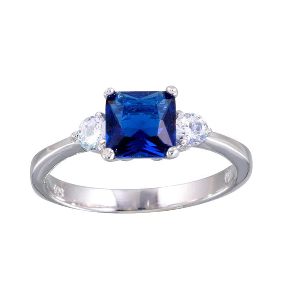 925 Sterling Silver Rhodium Plated Blue CZ Center Stone Ring