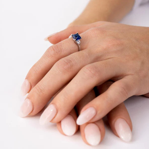 925 Sterling Silver Rhodium Plated Blue CZ Center Stone Ring