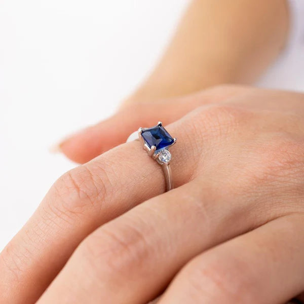 925 Sterling Silver Rhodium Plated Blue CZ Center Stone Ring
