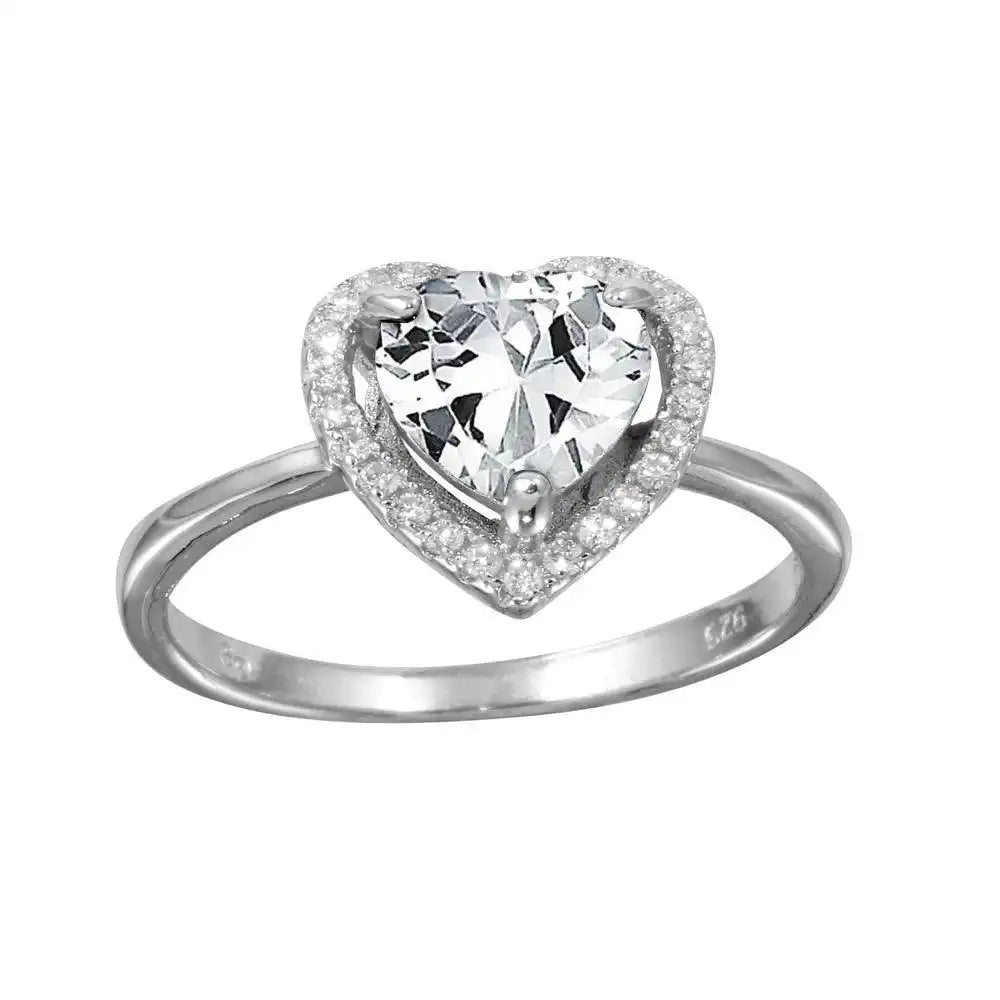 925 Sterling Silver Rhodium Plated Clear Halo Heart Ring