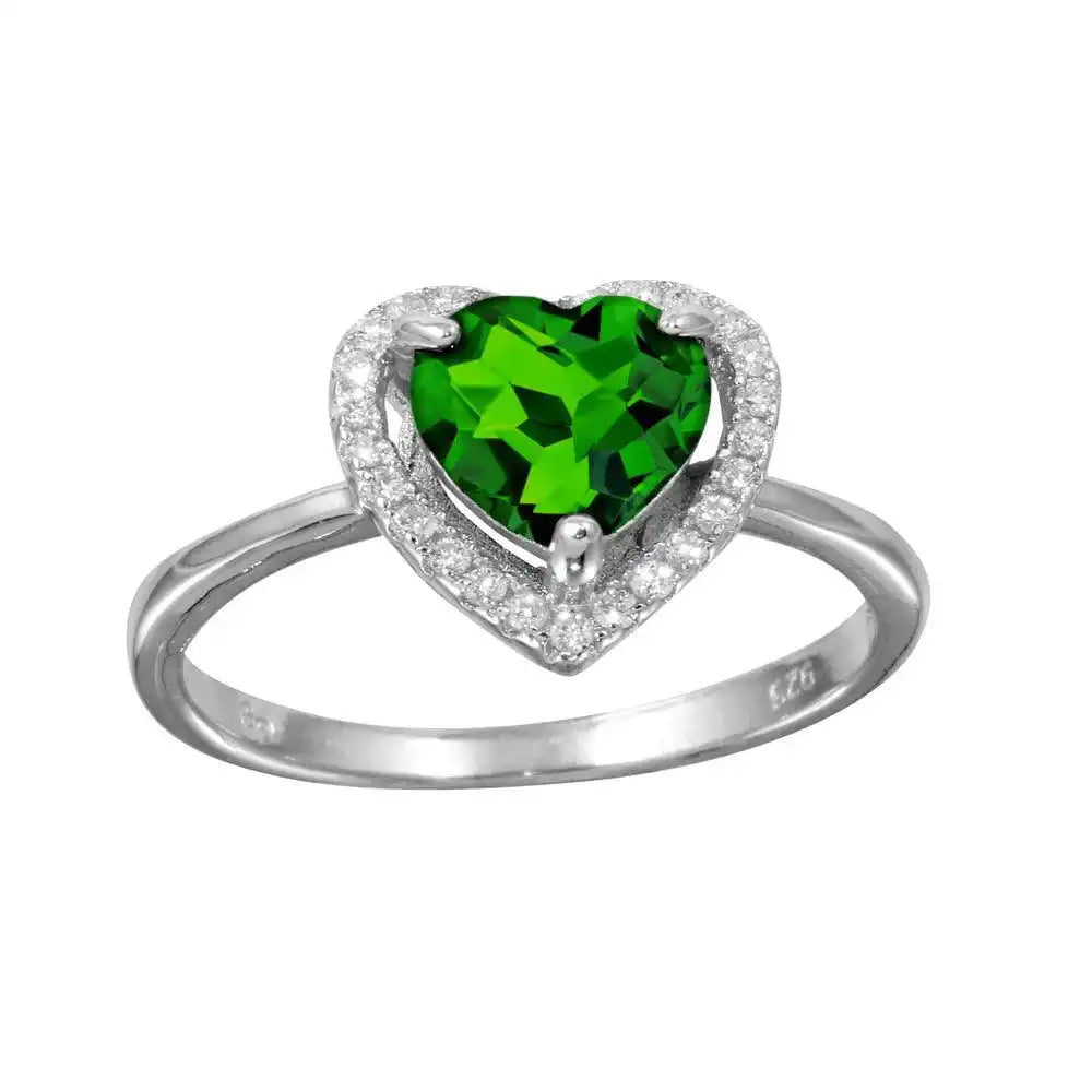 925 Sterling Silver Rhodium Plated Green Halo Heart Ring