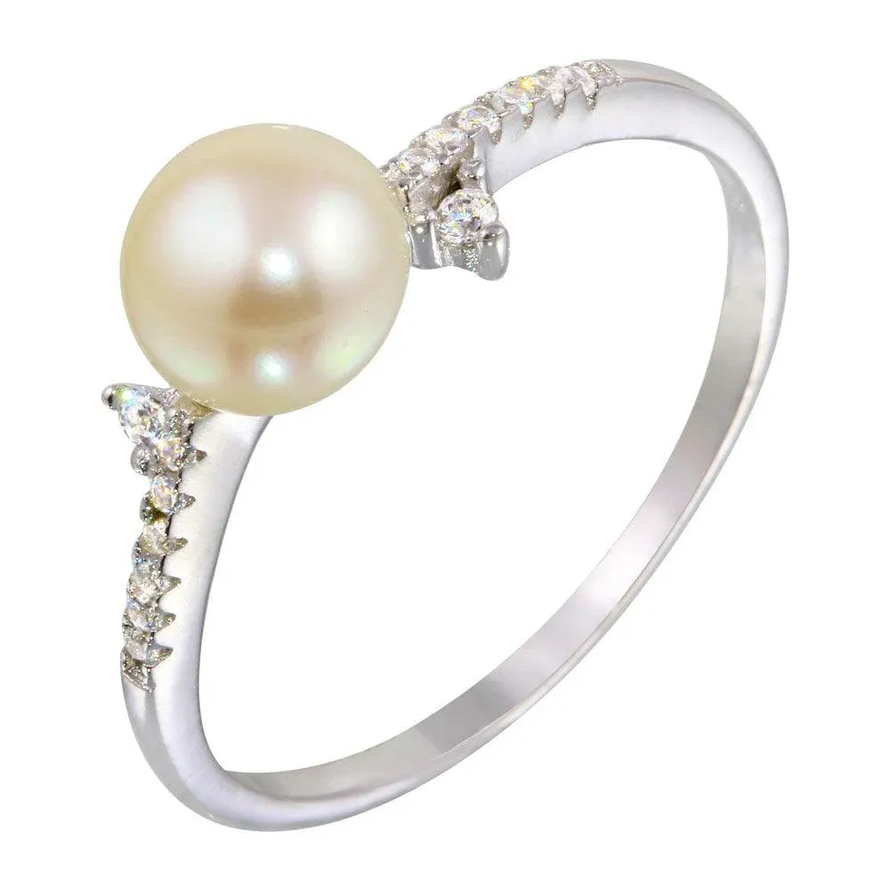 925 Sterling Silver Rhodium Plated White Pearl Ring with CZ