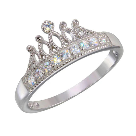 925 Sterling Silver Rhodium Plated Tiara Ring with CZ