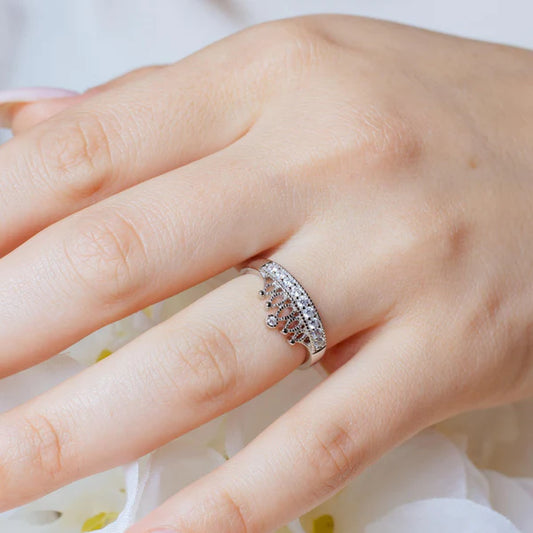 925 Sterling Silver Rhodium Plated Tiara Ring with CZ