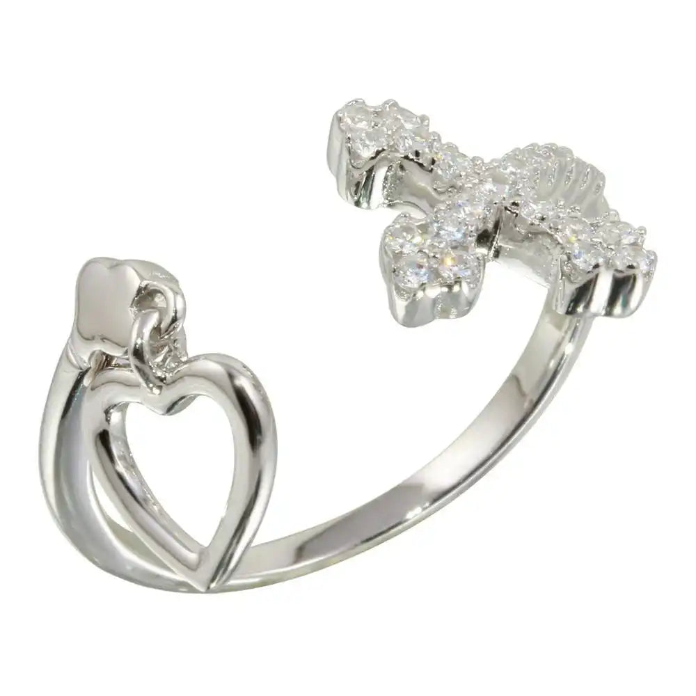 925 Sterling Silver Rhodium Plated Open Heart and Cross Ring with CZ
