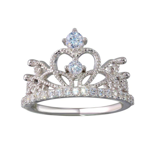 925 Sterling Silver Rhodium Plated Crown Ring with CZ