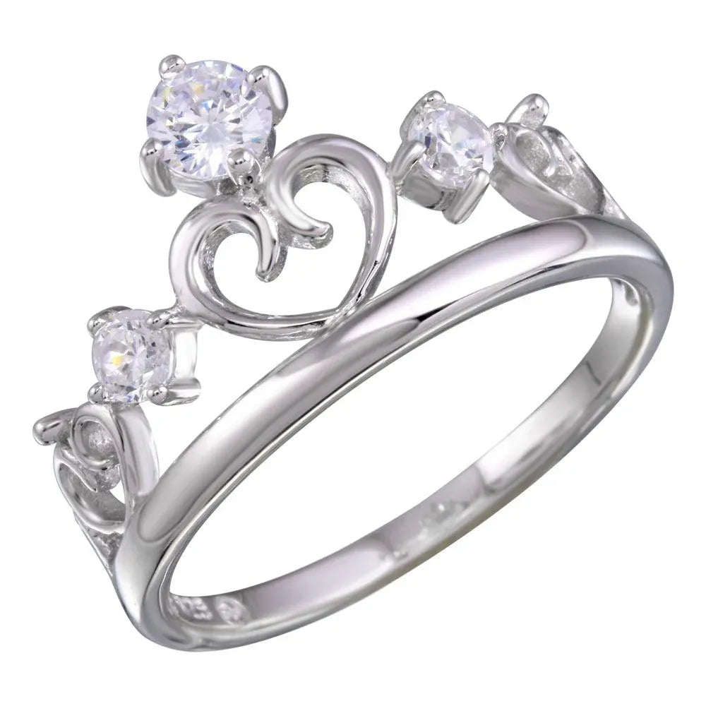 925 Sterling Silver Rhodium Plated Heart Crown Ring with CZ