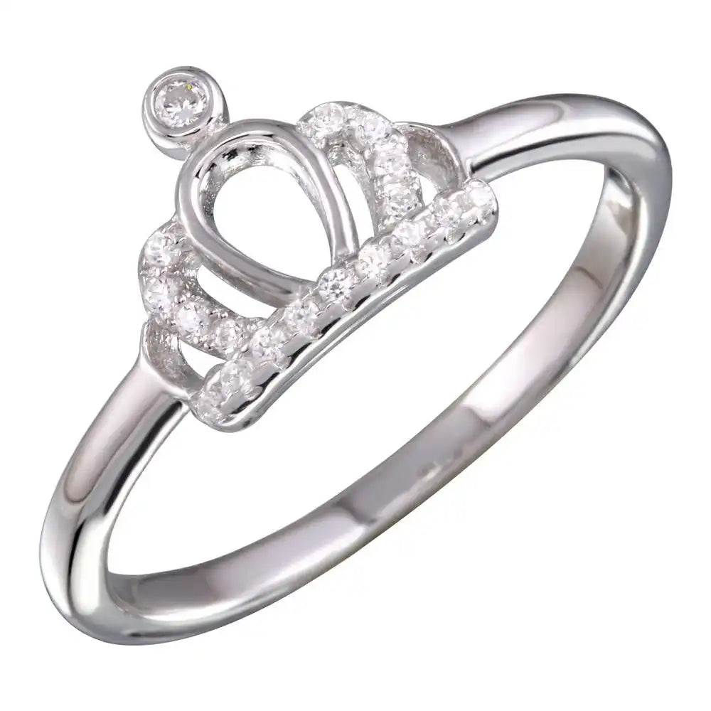 925 Sterling Silver Rhodium Plated Crown Ring with CZ