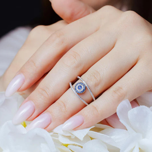 925 Sterling Silver Rhodium Plated  Evil Eye Ring with CZ