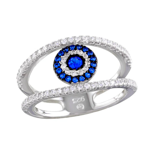 925 Sterling Silver Rhodium Plated  Evil Eye Ring with CZ