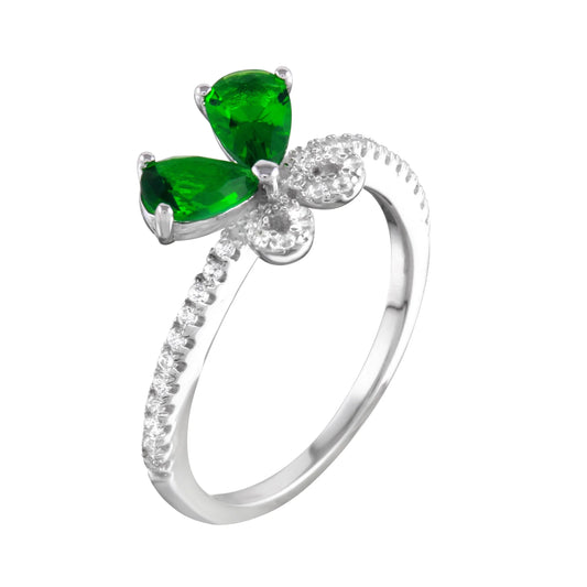 925 Sterling Silver Rhodium Plated Green Butterfly CZ Ring