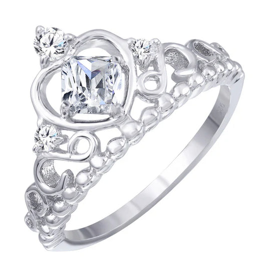925 Sterling Silver Rhodium Plated Crown Ring with Clear CZ