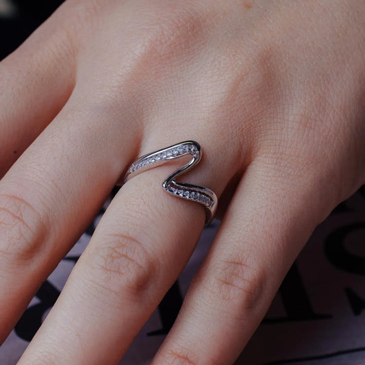 925 Sterling Silver Rhodium Plated Double Wave CZ Ring