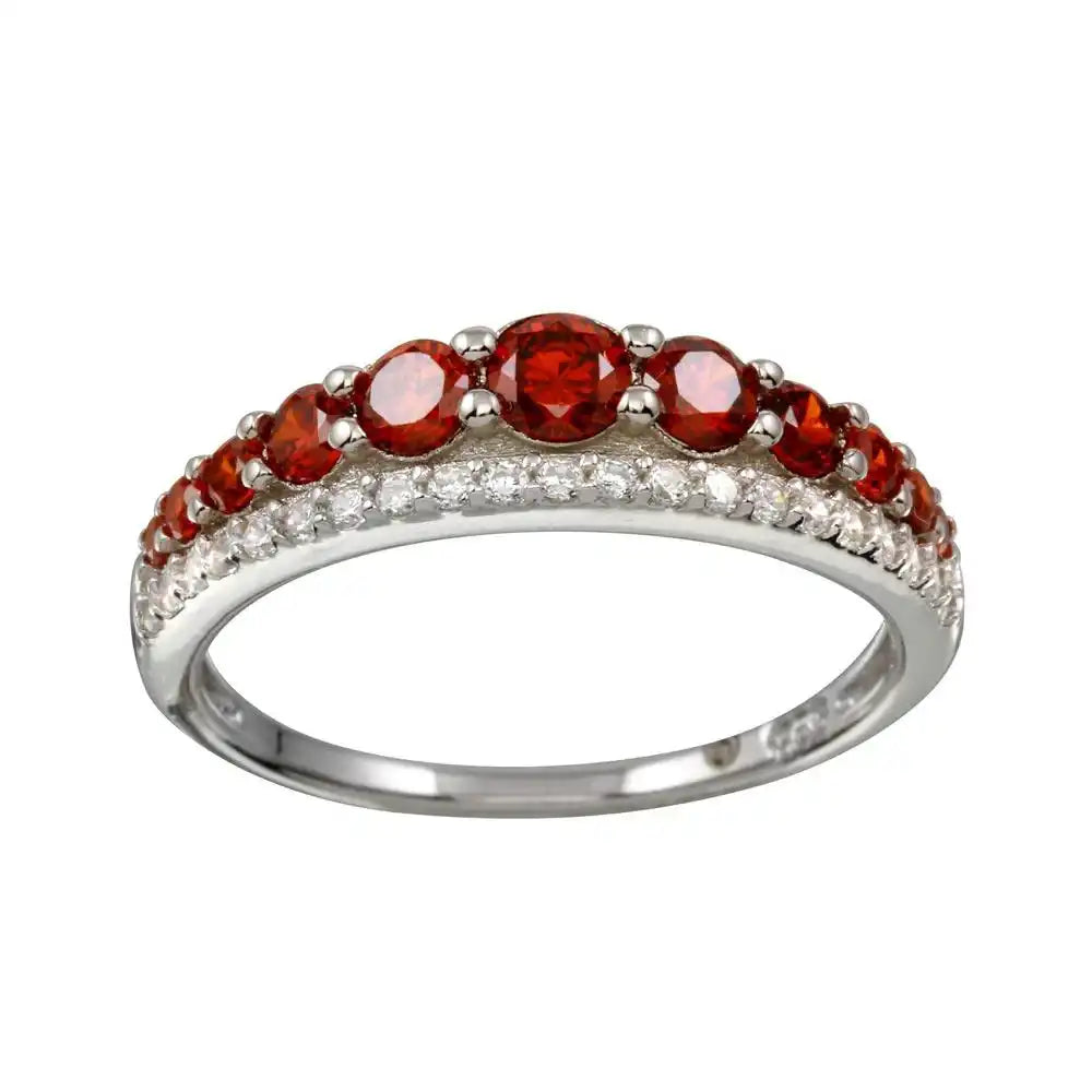 925 Sterling Silver Rhodium Plated Red and Clear CZ Stones Ring