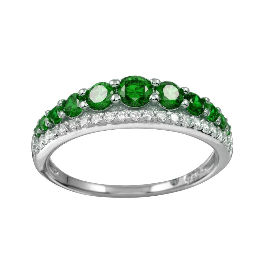 925 Sterling Silver Rhodium Plated Green and Clear CZ Stones Ring