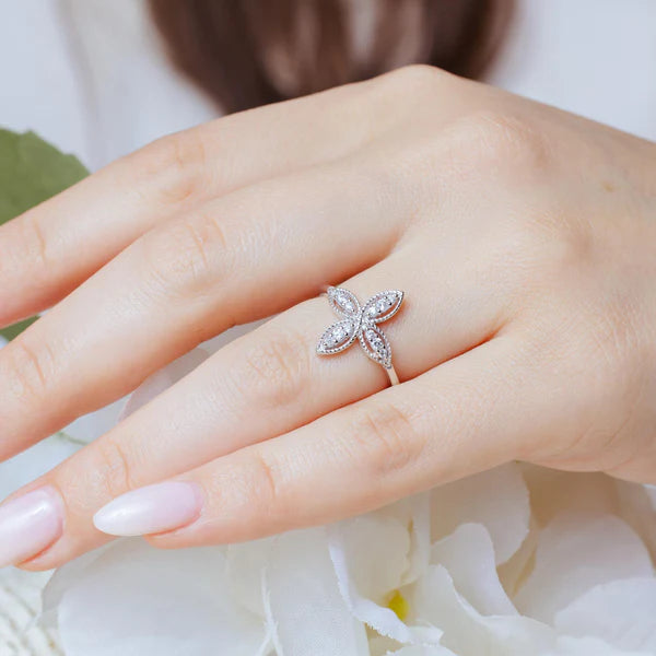 925 Sterling Silver Rhodium Plated Four Petal Ring with CZ