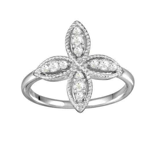 925 Sterling Silver Rhodium Plated Four Petal Ring with CZ