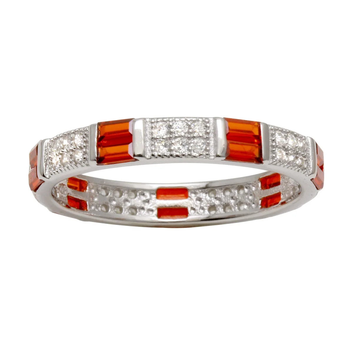 925 Sterling Silver Rhodium Plated Pattern Eternity Ring with Red and Clear CZ