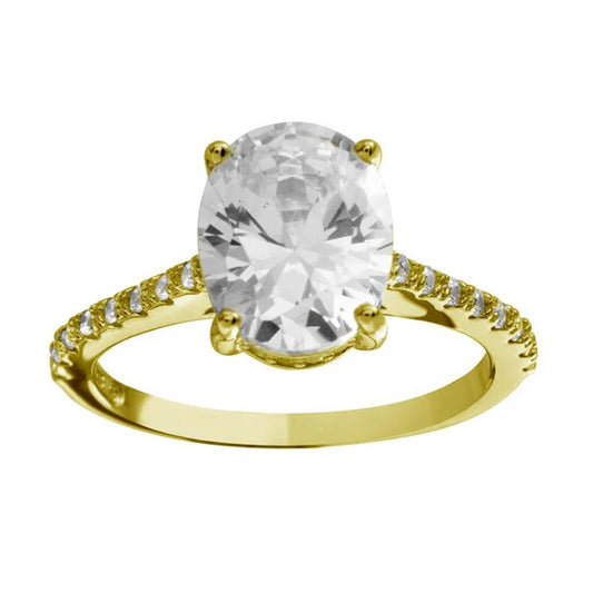 925 Sterling Silver Gold Plated Oval Solitaire CZ Band Ring