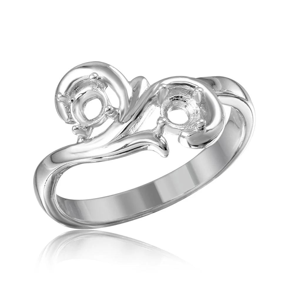 925 Silver Rhodium Plated Vine Design 2 Stones Mounting Ring