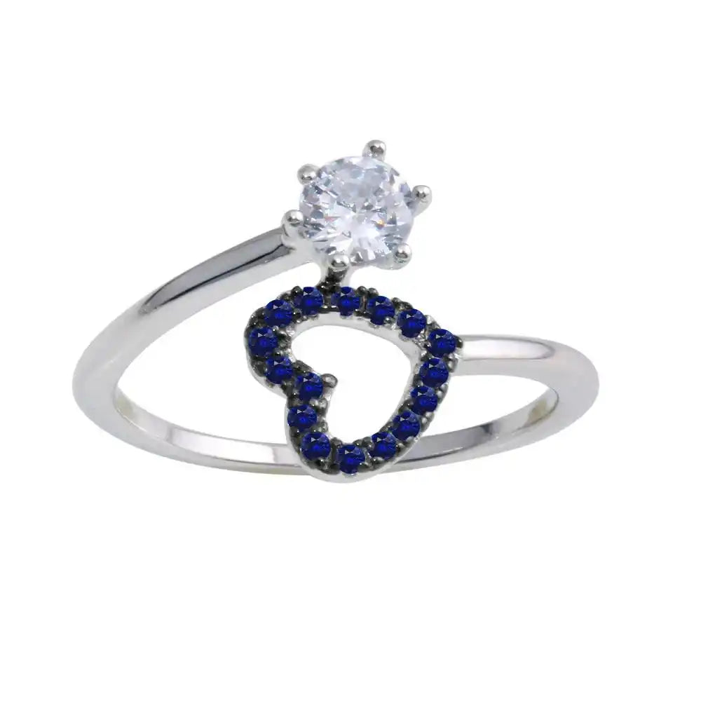 925 Sterling Silver Rhodium Plated Open Heart Ring with Blue and Clear CZ