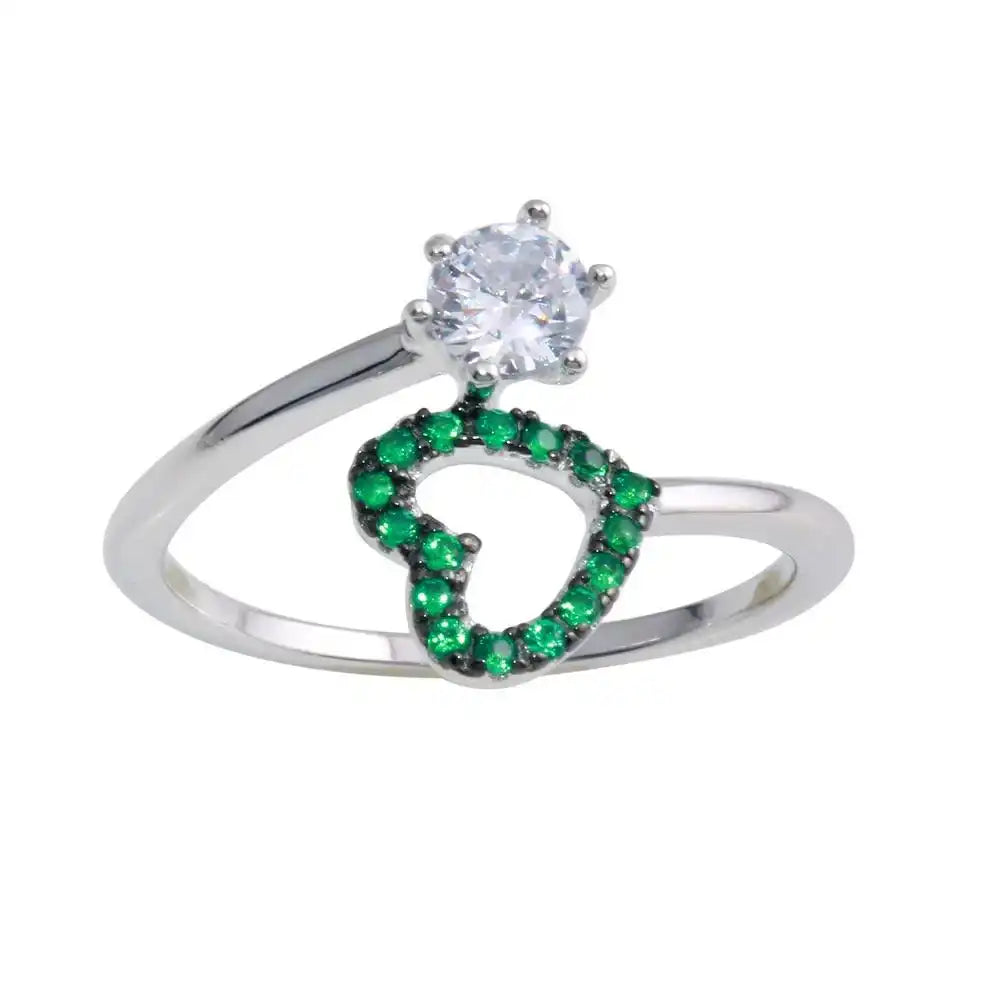 925 Sterling Silver Rhodium Plated Open Heart Ring with Green and Clear CZ