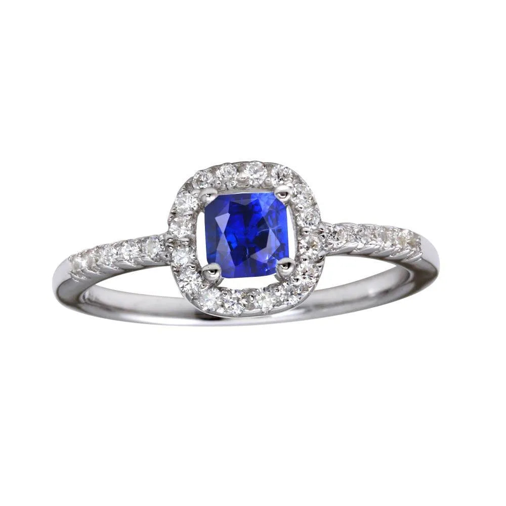 925 Sterling Silver Rhodium Plated Square Clear and Blue CZ Center Stone Ring