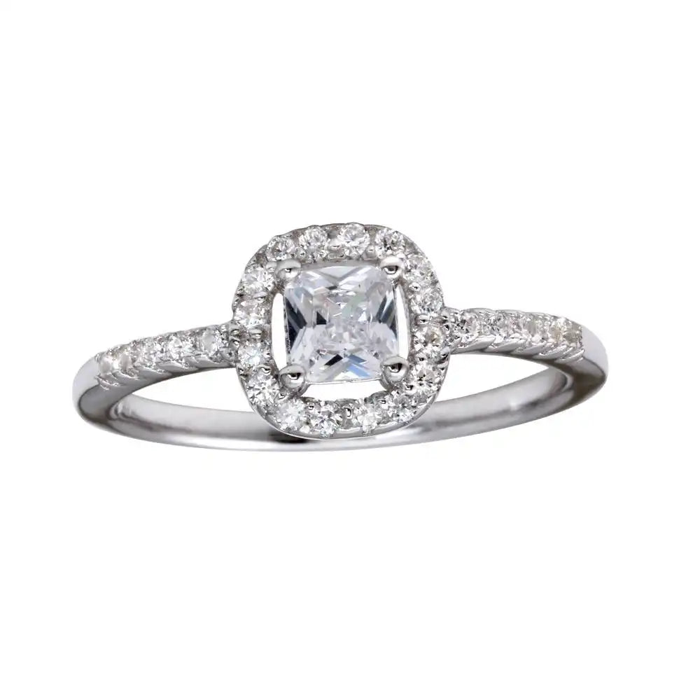 925 Sterling Silver Rhodium Plated Square Clear CZ Center Stone Ring