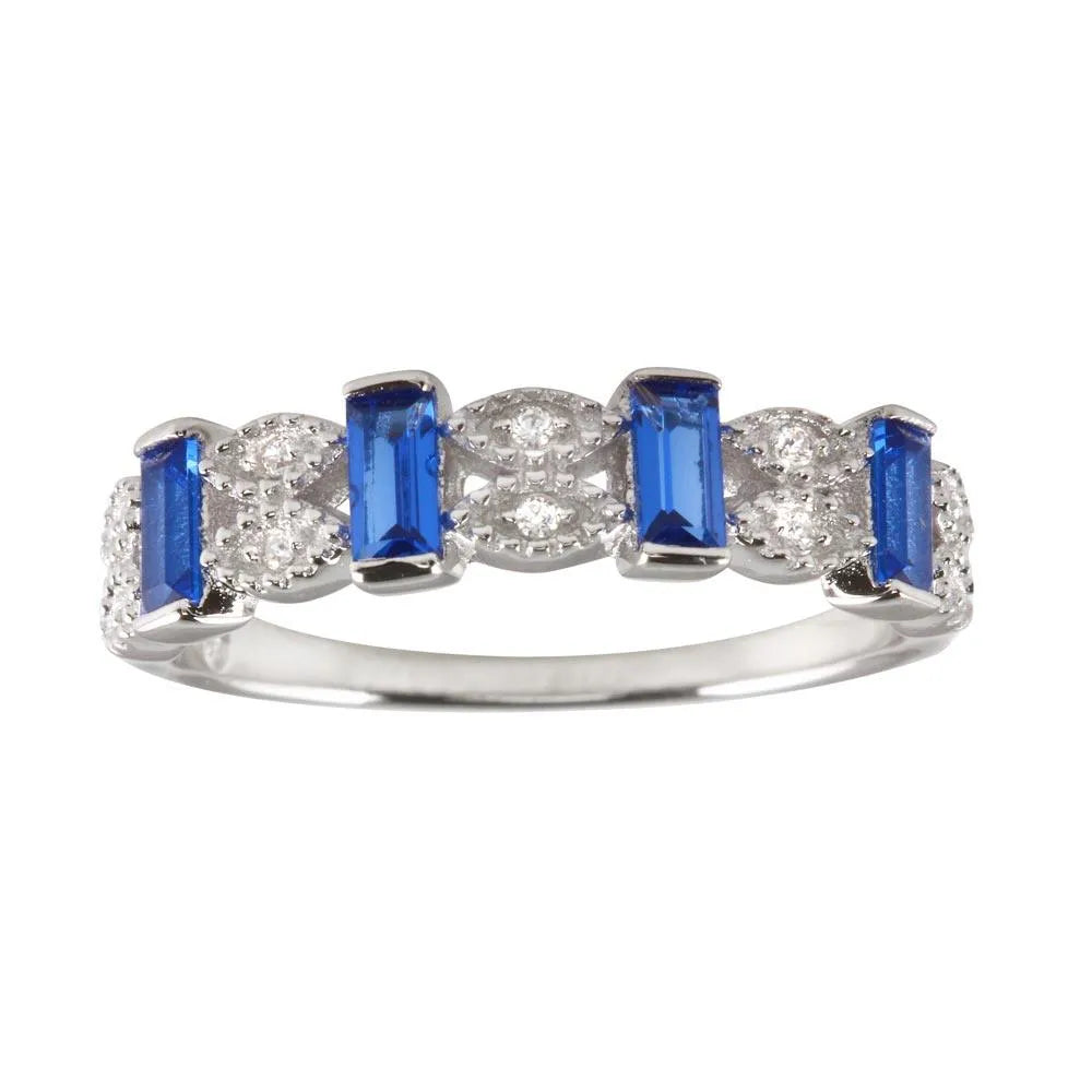 925 Sterling Silver Rhodium Plated Blue Bar CZ Link Ring