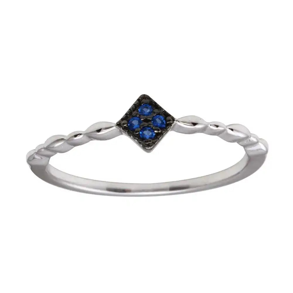 925 Sterling Silver Rhodium Plated Diamond Shape 4 Blue CZ Ring
