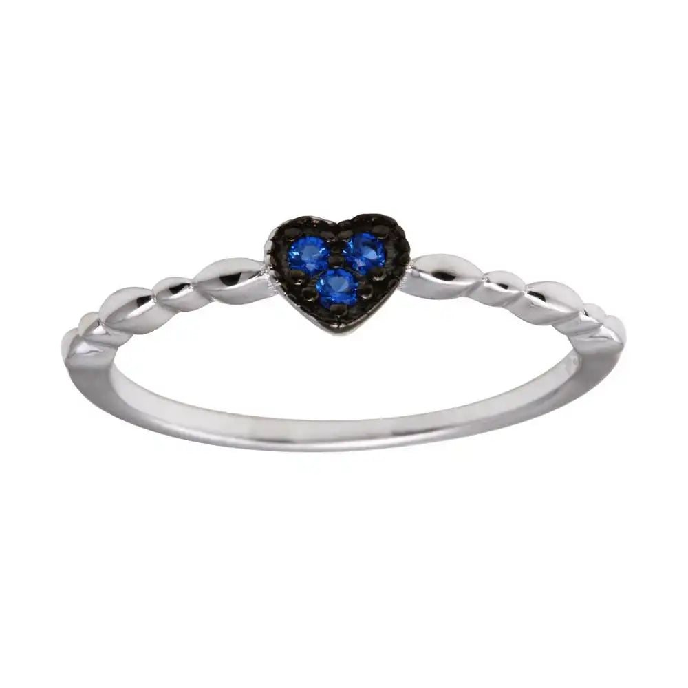 925 Sterling Silver Rhodium Plated Heart 3 Blue CZ Ring