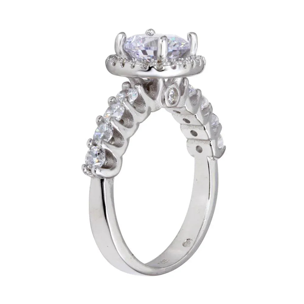 925 Sterling Silver Rhodium Plated Round CZ Square Shape Halo Ring with CZ Shank
