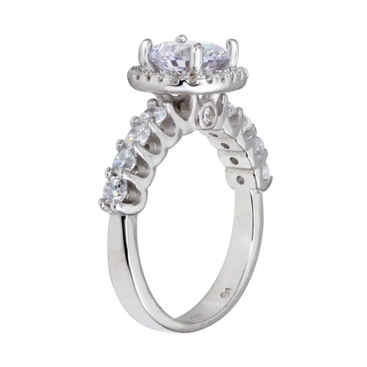 925 Sterling Silver Rhodium Plated Round CZ Square Shape Halo Ring with CZ Shank