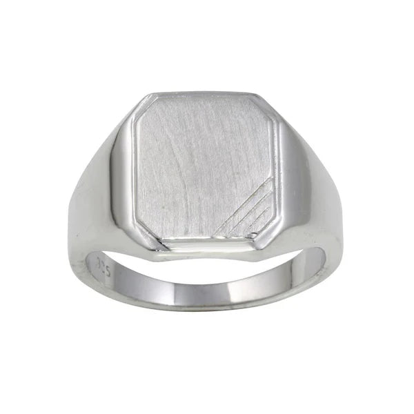 925 Sterling Silver Rhodium Plated Men's Engravable Octagon Ring with Matte Finish