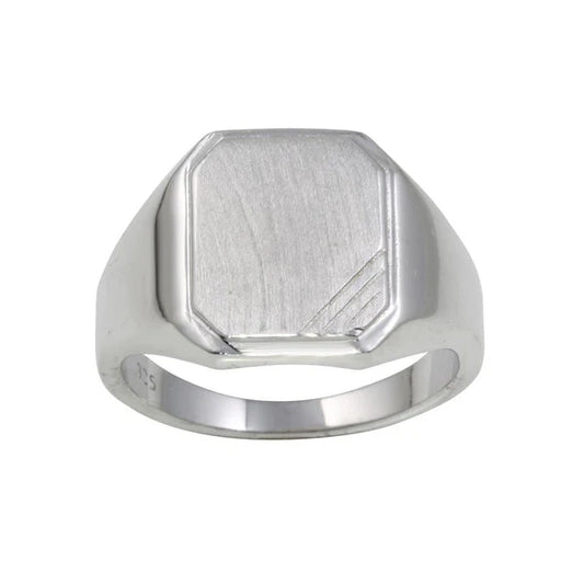 925 Sterling Silver Rhodium Plated Men's Engravable Octagon Ring with Matte Finish