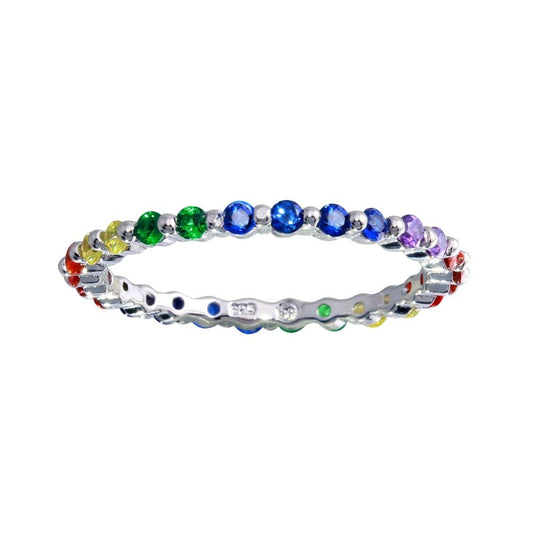 925 Sterling Silver Rhodium Plated Rainbow CZ Eternity Ring