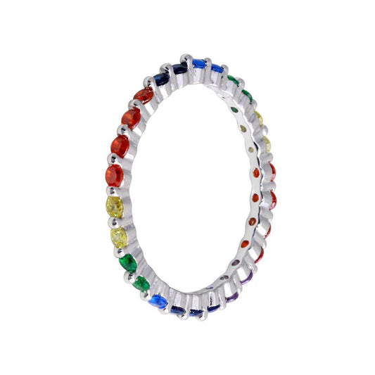 925 Sterling Silver Rhodium Plated Rainbow CZ Eternity Ring