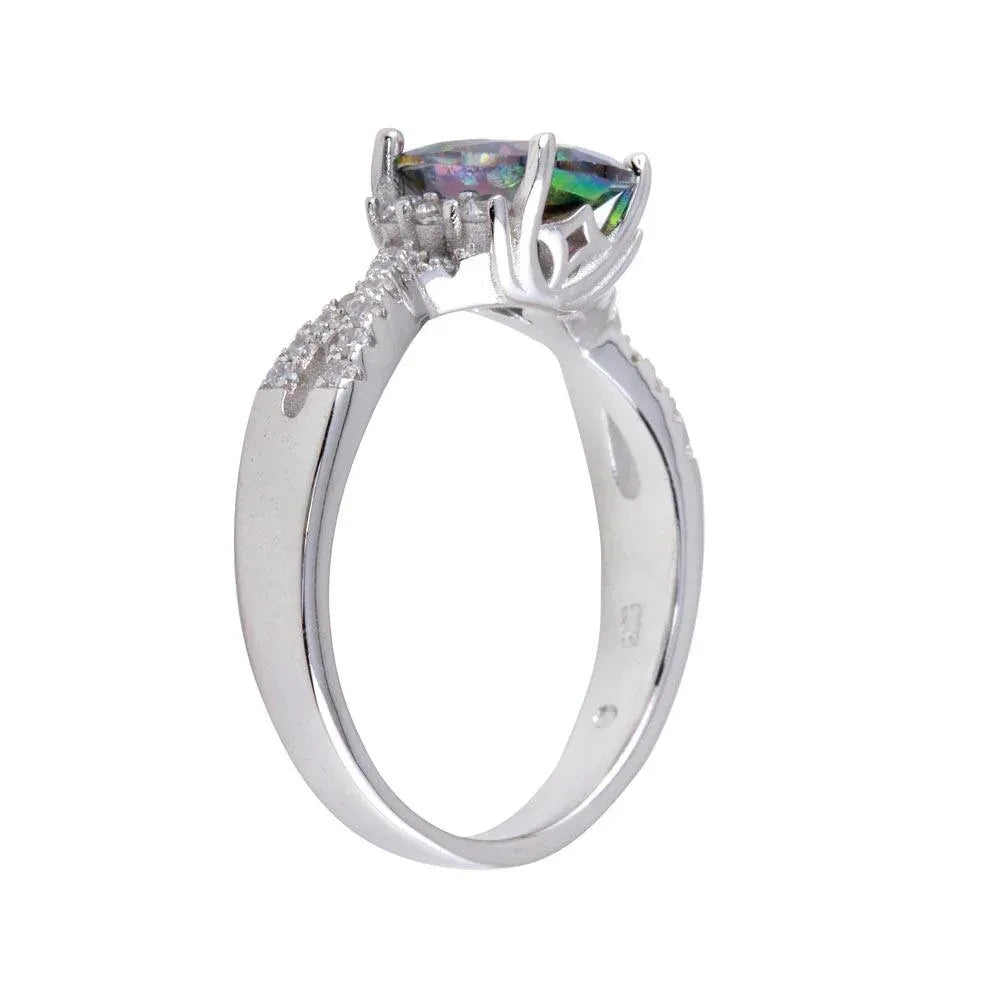 925 Sterling Silver Rhodium Plated Oval Solitaire Synthetic Mystic Topaz CZ Band Ring