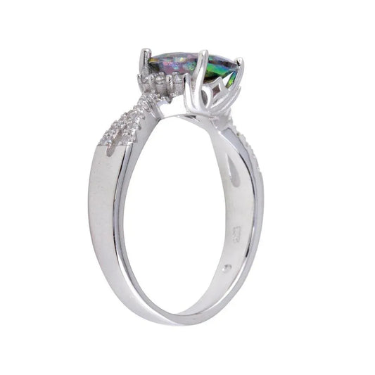 925 Sterling Silver Rhodium Plated Oval Solitaire Synthetic Mystic Topaz CZ Band Ring