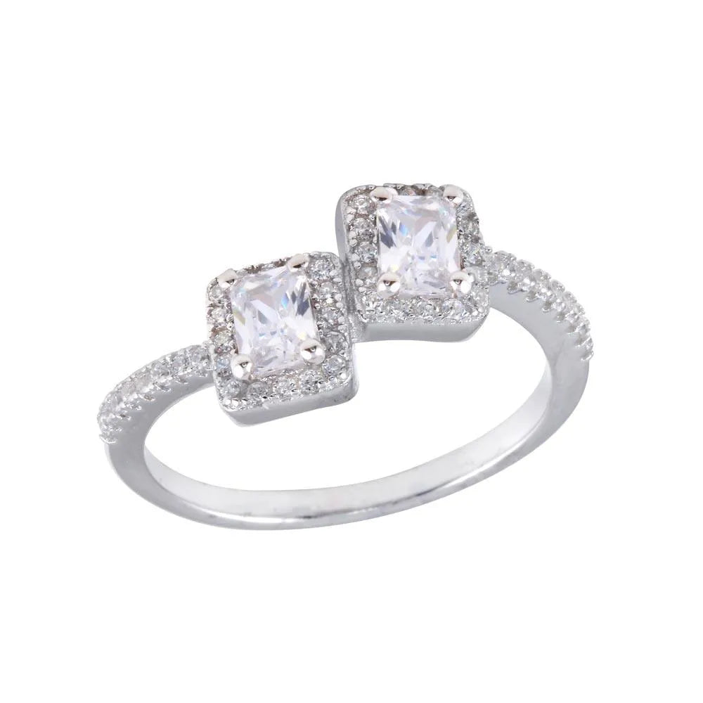 925 Sterling Silver Rhodium Plated Double Square Clear Center CZ Ring