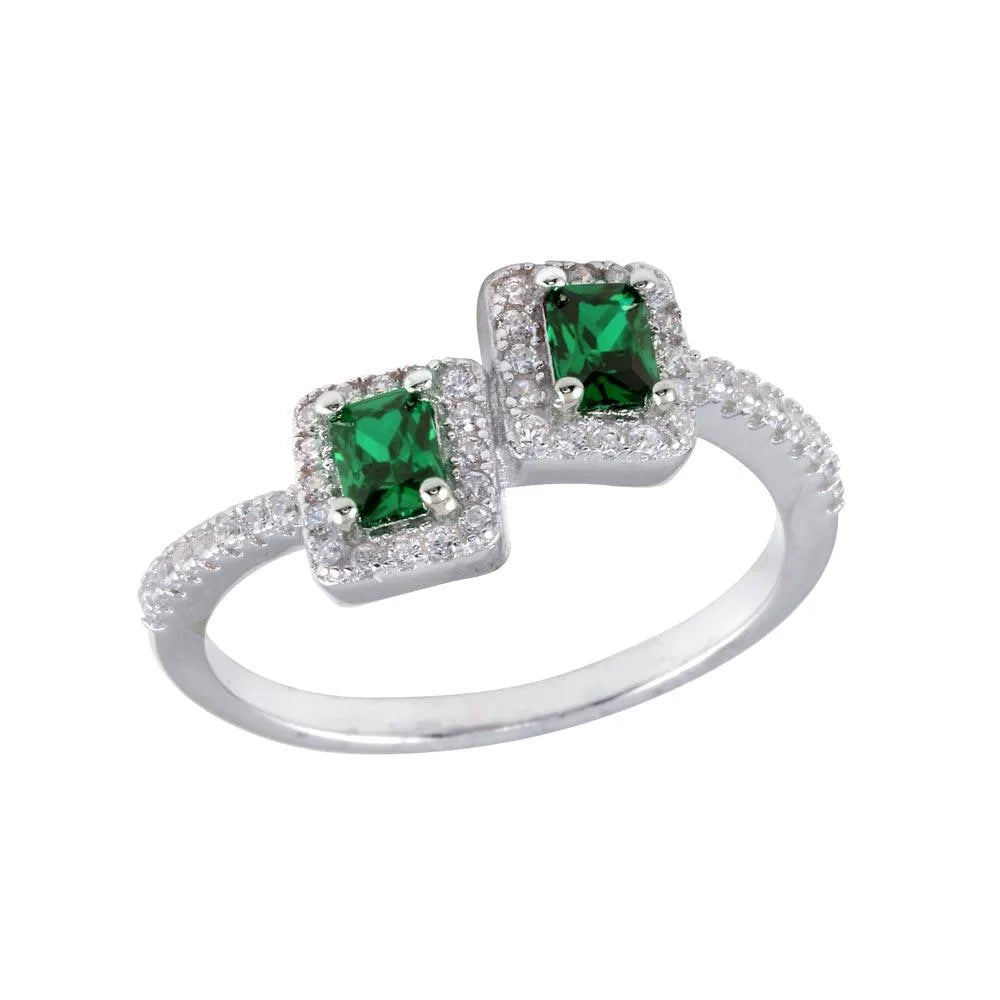 925 Sterling Silver Rhodium Plated Double Square Green Center CZ Ring