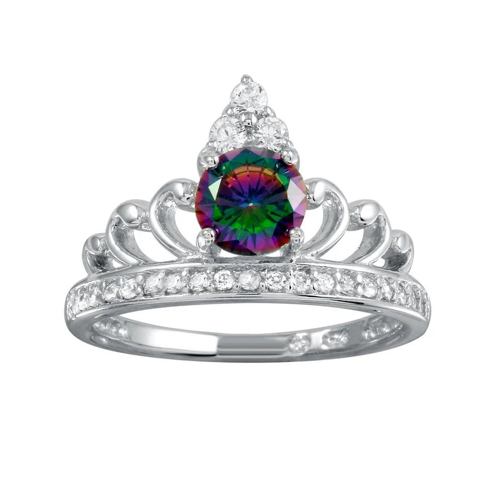 925 Sterling Silver Rhodium Plated  Crown Synthetic Mystic Topaz CZ Ring