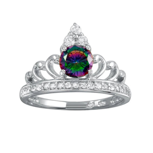 925 Sterling Silver Rhodium Plated  Crown Synthetic Mystic Topaz CZ Ring