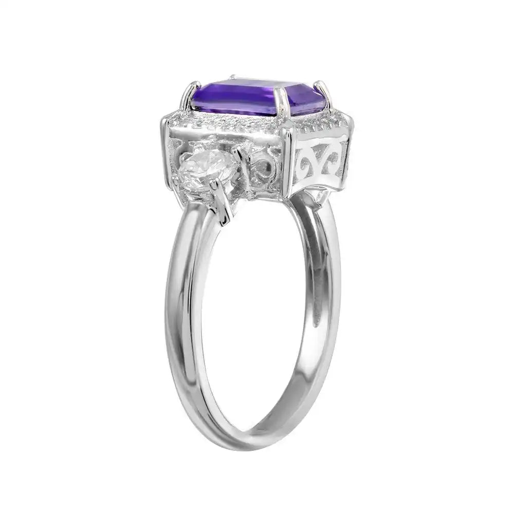 925 Sterling Silver Rhodium Plated Purple Center Halo CZ Ring